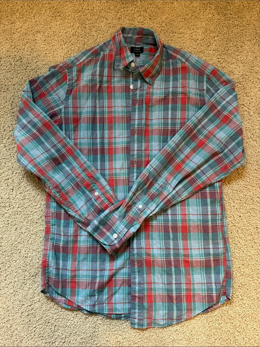 J. Crew Red and Teal Plaid Button-Down Shirt